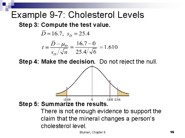 Example 9 -7: Cholesterol Levels Step 3: Compute the test value. Step 4: Make Example 9 -7: Cholesterol Levels Step 3: Compute the test value. Step 4: Make