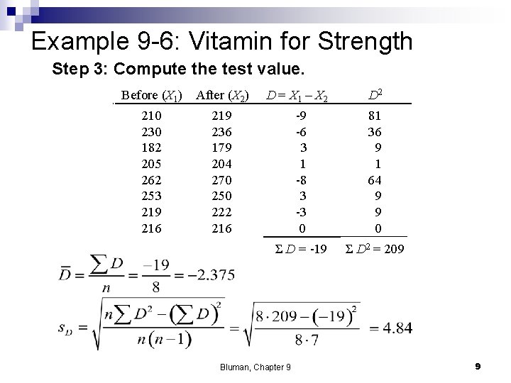 Example 9 -6: Vitamin for Strength Step 3: Compute the test value. Before (X Example 9 -6: Vitamin for Strength Step 3: Compute the test value. Before (X