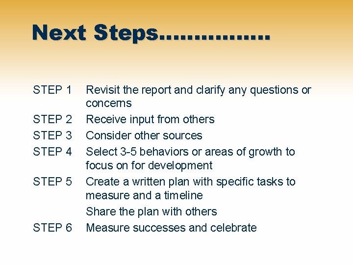 Next Steps……………. STEP 1 STEP 2 STEP 3 STEP 4 STEP 5 STEP 6