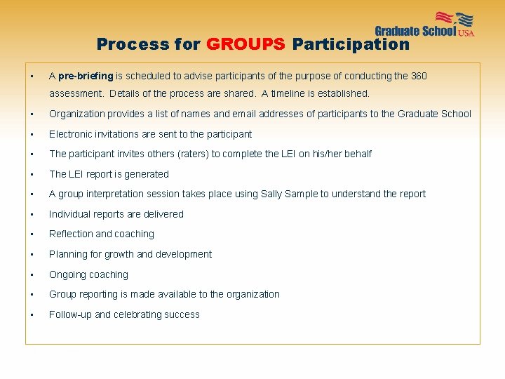Process for GROUPS Participation • A pre-briefing is scheduled to advise participants of the