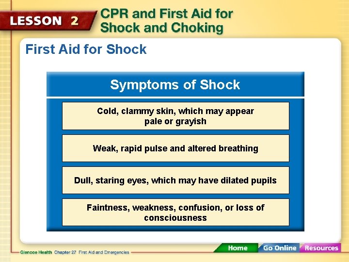 First Aid for Shock Symptoms of Shock Cold, clammy skin, which may appear pale