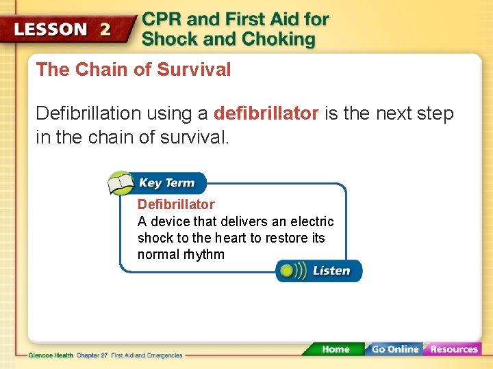 The Chain of Survival Defibrillation using a defibrillator is the next step in the