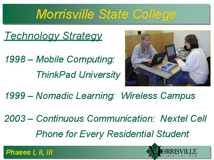 Morrisville State College Technology Strategy 1998 – Mobile Computing: Think. Pad University 1999 –