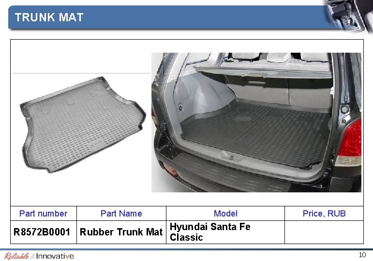 TRUNK MAT Part number Part Name R 8572 B 0001 Rubber Trunk Mat Model