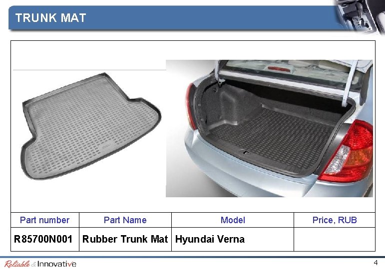 TRUNK MAT Part number Part Name Model Price, RUB R 85700 N 001 Rubber