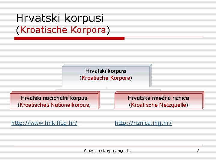 Hrvatski korpusi (Kroatische Korpora) Hrvatski nacionalni korpus (Kroatisches Nationalkorpus) http: //www. hnk. ffzg. hr/