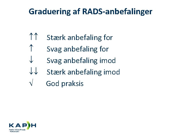 Graduering af RADS-anbefalinger Stærk anbefaling for Svag anbefaling imod Stærk anbefaling imod God praksis