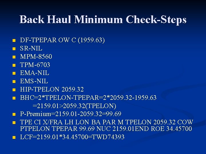 Back Haul Minimum Check-Steps n n n DF-TPEPAR OW C (1959. 63) SR-NIL MPM-8560