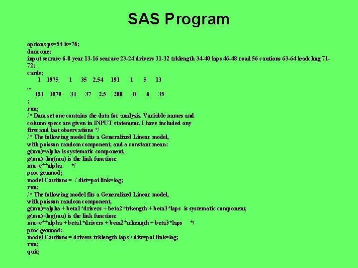 SAS Program options ps=54 ls=76; data one; input serrace 6 -8 year 13 -16