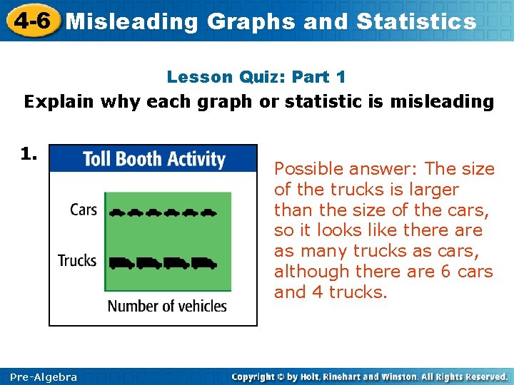4 -6 Misleading Graphs and Statistics Lesson Quiz: Part 1 Explain why each graph 4 -6 Misleading Graphs and Statistics Lesson Quiz: Part 1 Explain why each graph