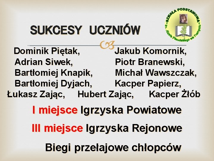 SUKCESY UCZNIÓW Jakub Komornik, Dominik Piętak, Adrian Siwek, Piotr Branewski, Bartłomiej Knapik, Michał Wawszczak,
