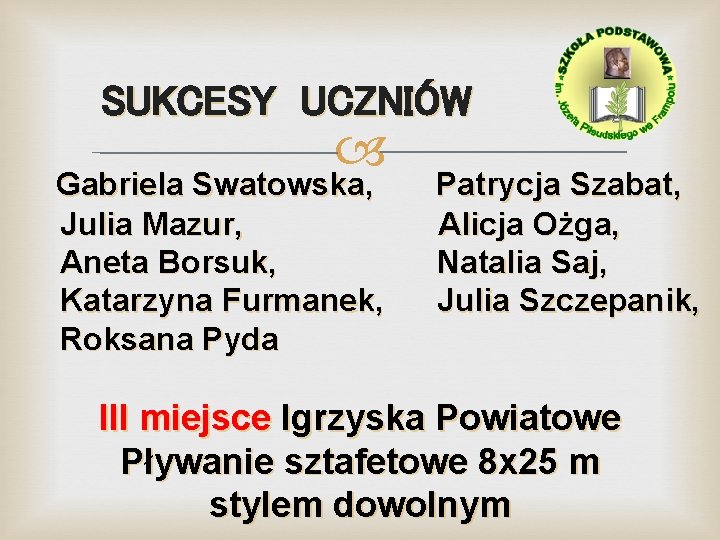 SUKCESY UCZNIÓW Gabriela Swatowska, Julia Mazur, Aneta Borsuk, Katarzyna Furmanek, Roksana Pyda Patrycja Szabat,