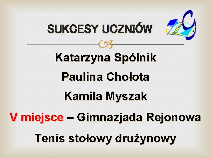 SUKCESY UCZNIÓW Katarzyna Spólnik Paulina Chołota Kamila Myszak V miejsce – Gimnazjada Rejonowa Tenis