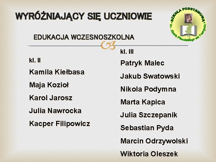 WYRÓŻNIAJĄCY SIĘ UCZNIOWIE EDUKACJA WCZESNOSZKOLNA kl. II Kamila Kiełbasa Maja Kozioł Karol Jarosz Julia