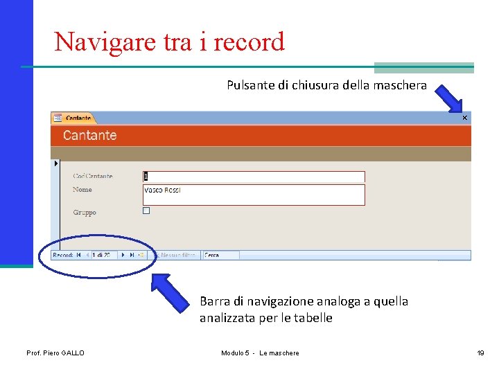 Navigare tra i record Pulsante di chiusura della maschera Barra di navigazione analoga a