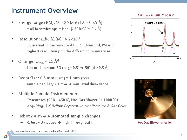 Instrument Overview § Si. O 2 (a - Quartz) “fingers” Energy range (BM): 10 Instrument Overview § Si. O 2 (a - Quartz) “fingers” Energy range (BM): 10