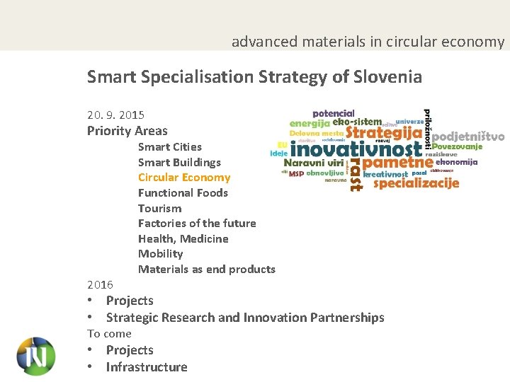 advanced materials in circular economy Smart Specialisation Strategy of Slovenia 20. 9. 2015 Priority