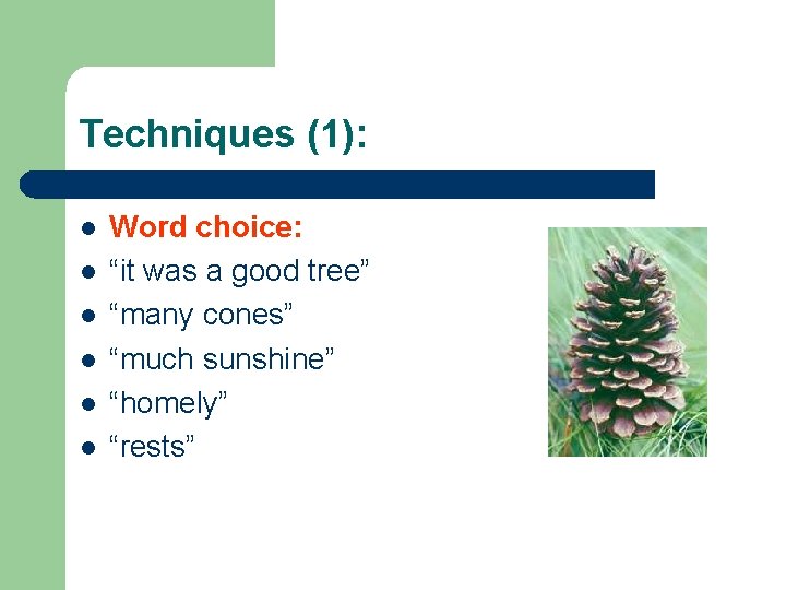 Techniques (1): l l l Word choice: “it was a good tree” “many cones”