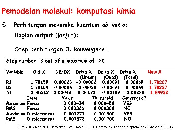 Pemodelan molekul: komputasi kimia 5. Perhitungan mekanika kuantum ab initio: Bagian output (lanjut): Step