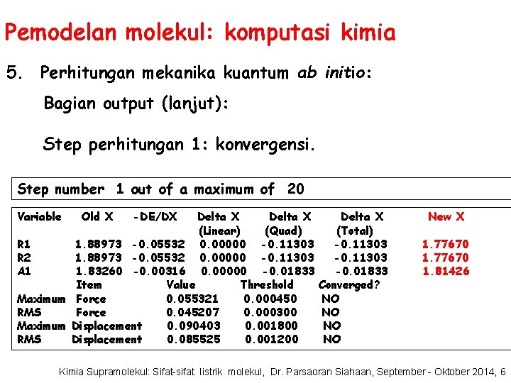 Pemodelan molekul: komputasi kimia 5. Perhitungan mekanika kuantum ab initio: Bagian output (lanjut): Step