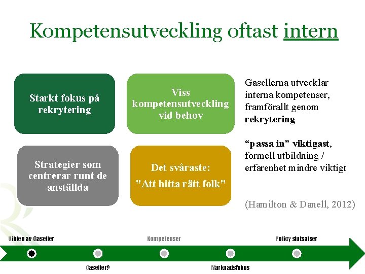 Kompetensutveckling oftast intern Starkt fokus på rekrytering Strategier som centrerar runt de anställda Viss