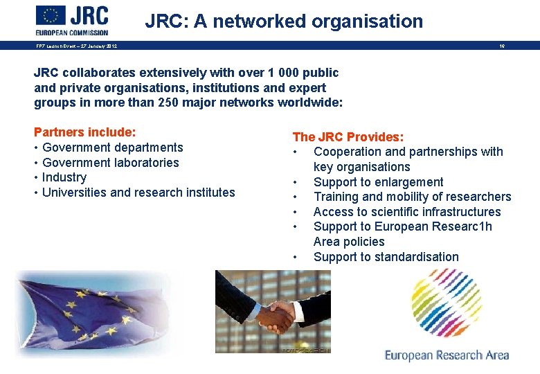 JRC: A networked organisation FP 7 Launch Event – 27 January 2012 16 JRC