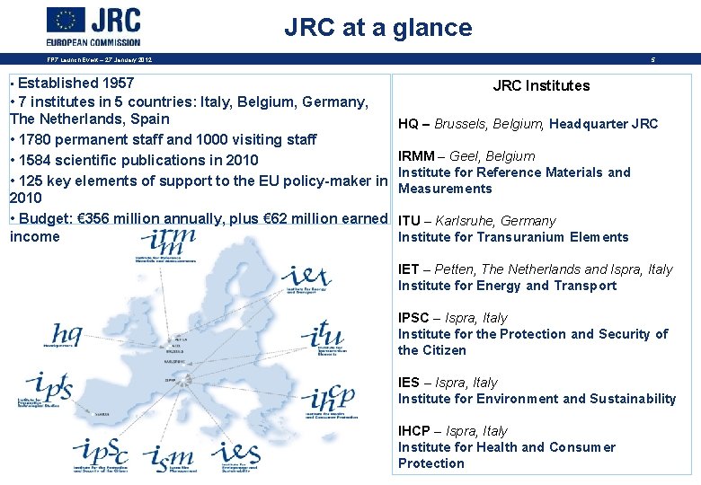 JRC at a glance FP 7 Launch Event – 27 January 2012 • Established