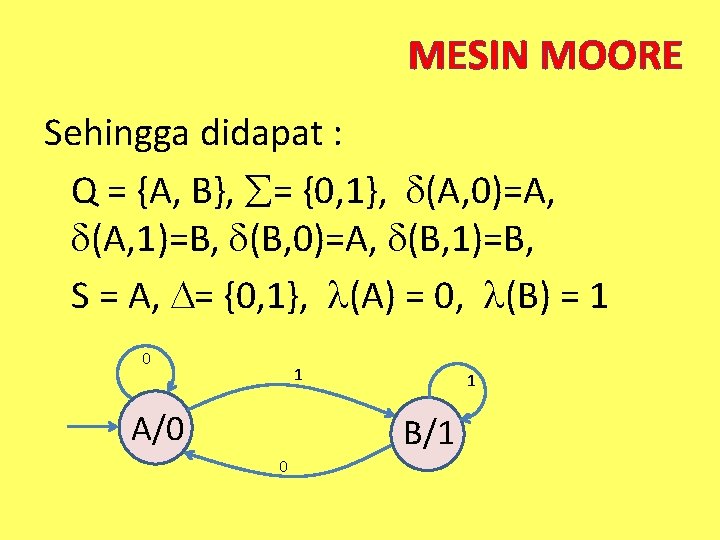 MESIN MOORE Sehingga didapat : Q = {A, B}, = {0, 1}, (A, 0)=A,