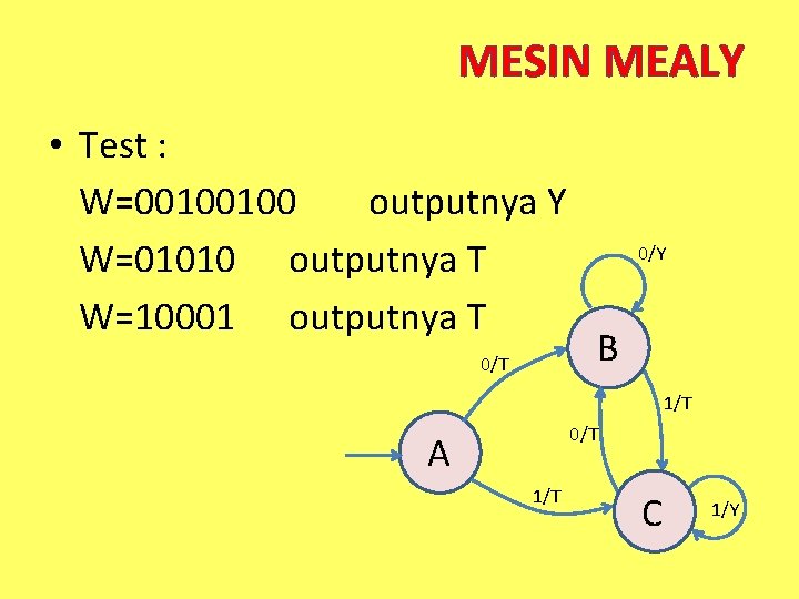 MESIN MEALY • Test : W=00100100 outputnya Y W=01010 outputnya T W=10001 outputnya T