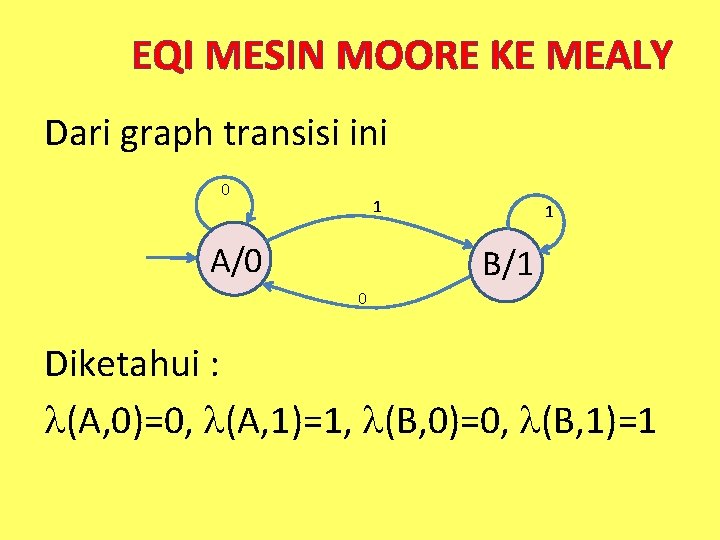 EQI MESIN MOORE KE MEALY Dari graph transisi ini 0 1 A/0 1 B/1