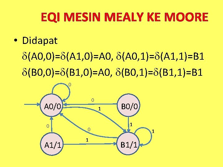 EQI MESIN MEALY KE MOORE • Didapat (A 0, 0)= (A 1, 0)=A 0,