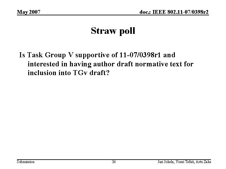 May 2007 doc. : IEEE 802. 11 -07/0398 r 2 Straw poll Is Task