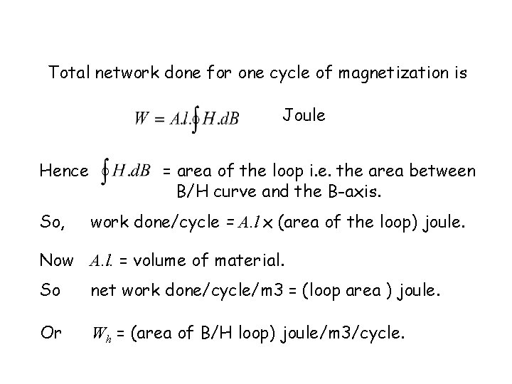 Total network done for one cycle of magnetization is Joule Hence So, = area