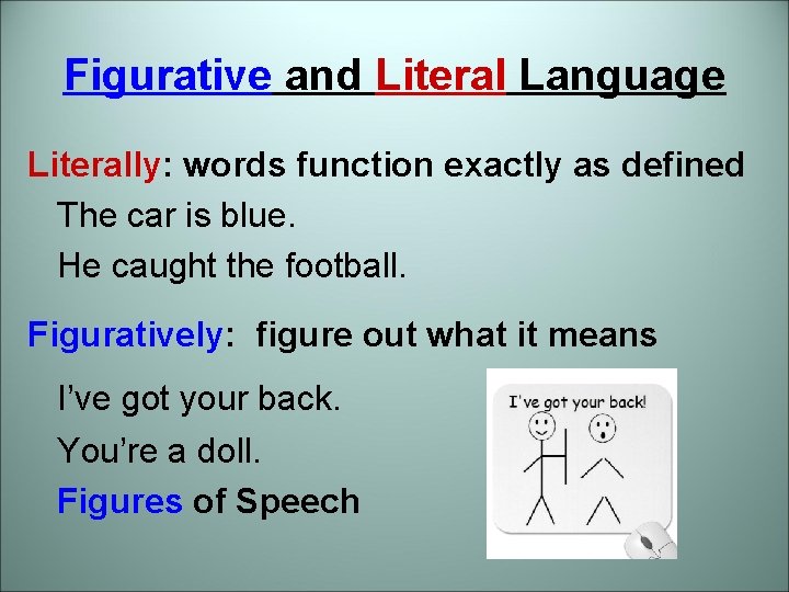 Figurative and Literal Language Literally: words function exactly as defined The car is blue.