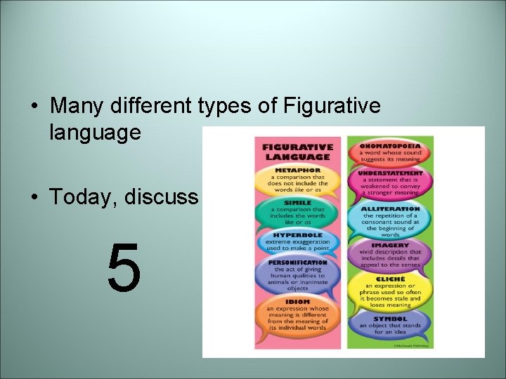  • Many different types of Figurative language • Today, discuss 5 