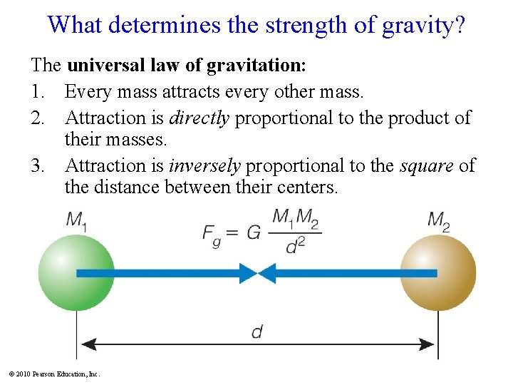 What determines the strength of gravity? The universal law of gravitation: 1. Every mass