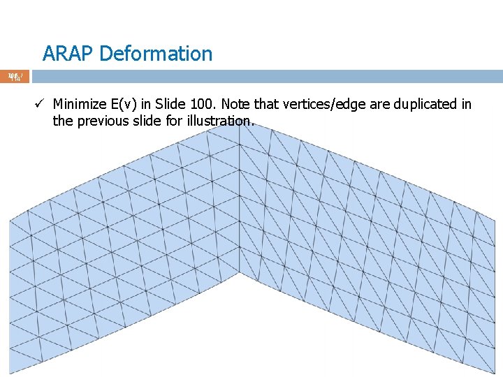 ARAP Deformation 106 / 114 ü Minimize E(v) in Slide 100. Note that vertices/edge