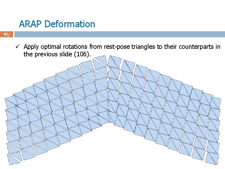 ARAP Deformation 107 / 114 ü Apply optimal rotations from rest-pose triangles to their