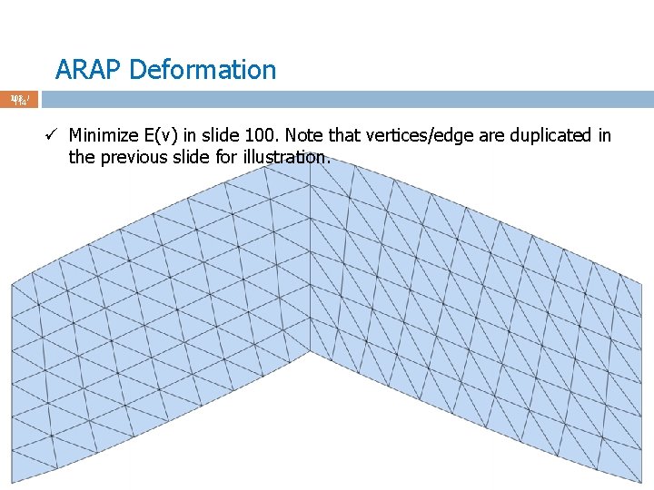 ARAP Deformation 108 / 114 ü Minimize E(v) in slide 100. Note that vertices/edge
