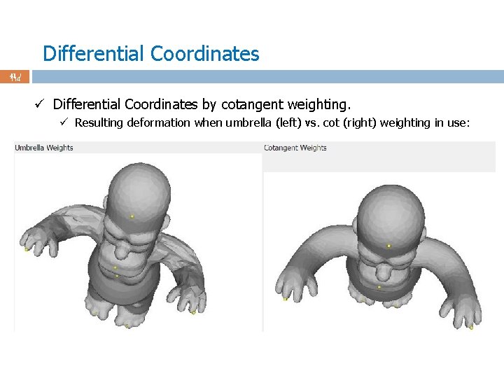 Differential Coordinates 41 / 114 ü Differential Coordinates by cotangent weighting. ü Resulting deformation