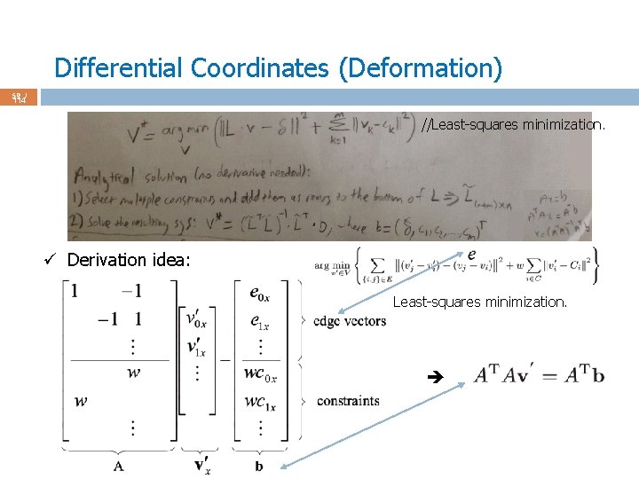 Differential Coordinates (Deformation) 59 / 114 //Least-squares minimization. ü Derivation idea: Least-squares minimization. 
