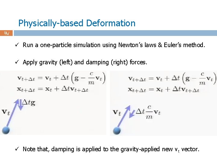 Physically-based Deformation 78 / 114 ü Run a one-particle simulation using Newton’s laws &
