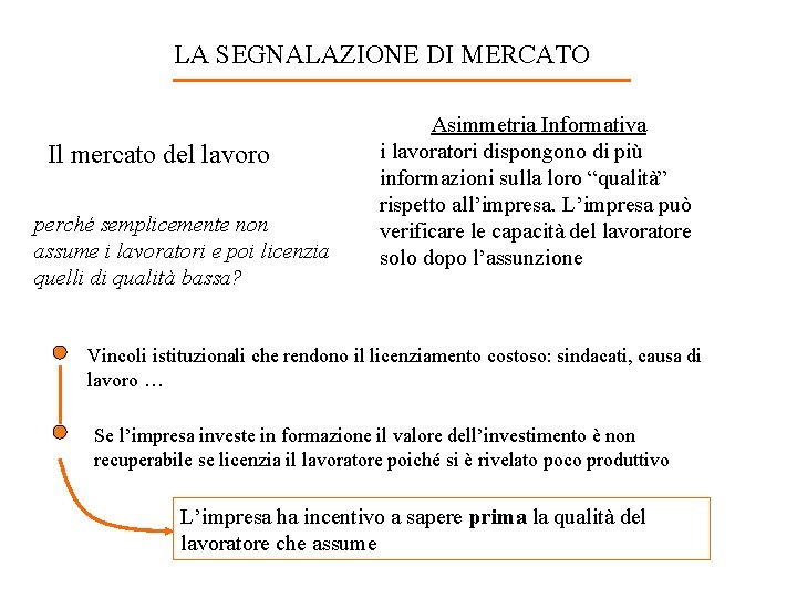 LA SEGNALAZIONE DI MERCATO Il mercato del lavoro perché semplicemente non assume i lavoratori