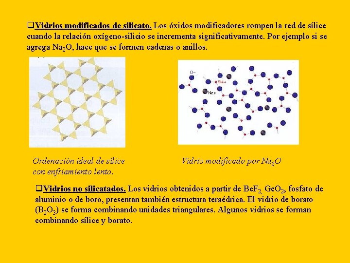 q. Vidrios modificados de silicato. Los óxidos modificadores rompen la red de sílice cuando