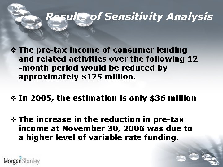 Results of Sensitivity Analysis v The pre-tax income of consumer lending and related activities