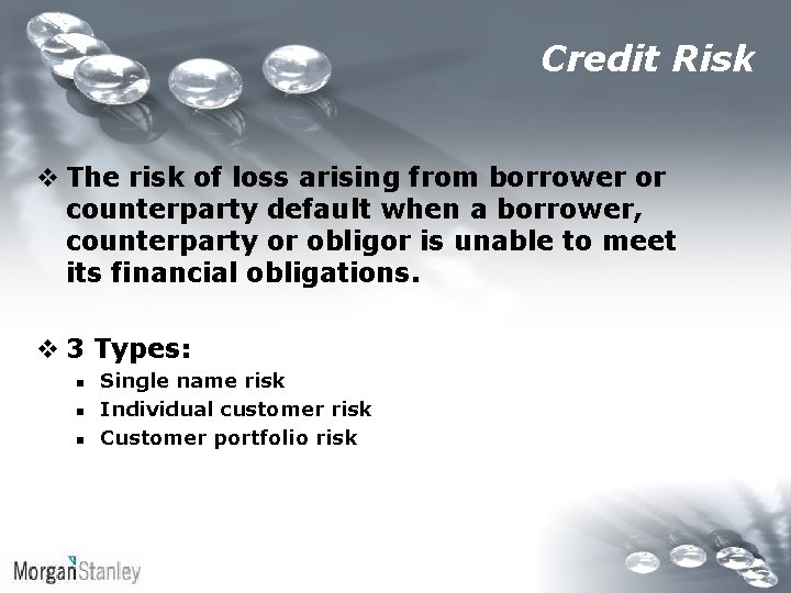 Credit Risk v The risk of loss arising from borrower or counterparty default when