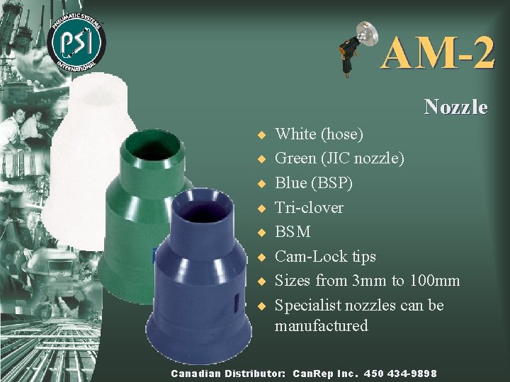 AM-2 Nozzle ¨ White (hose) ¨ Green (JIC nozzle) ¨ Blue (BSP) ¨ Tri-clover