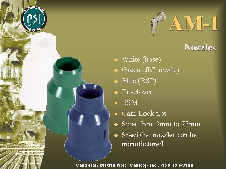 AM-1 Nozzles ¨ White (hose) ¨ Green (JIC nozzle) ¨ Blue (BSP) ¨ Tri-clover