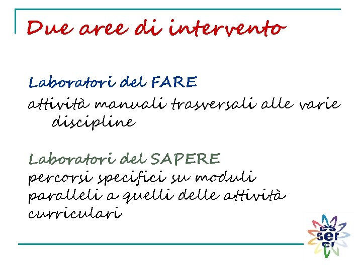 Due aree di intervento Laboratori del FARE attività manuali trasversali alle varie discipline Laboratori