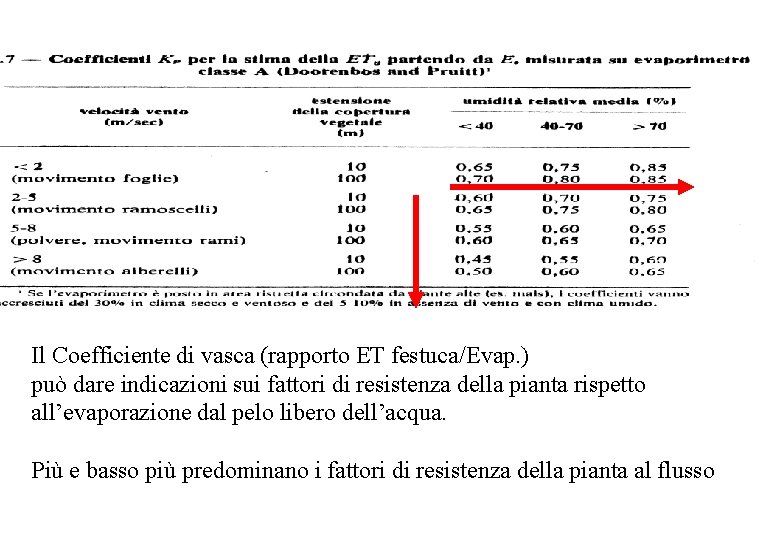 Il Coefficiente di vasca (rapporto ET festuca/Evap. ) può dare indicazioni sui fattori di